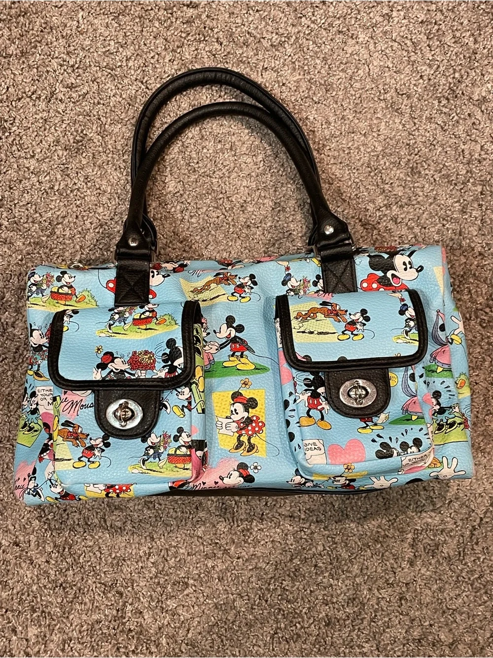 Light Blue Disney Cartoon Print Satchel Shoulder Bag with Black Handles